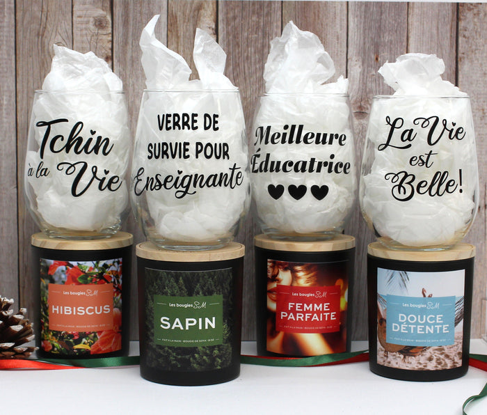 ensemble cadeau , duo , coupe de vin , bougie , cire de soja ,fait a la main , ensembles cadeaux , bougies sm, bougiesm