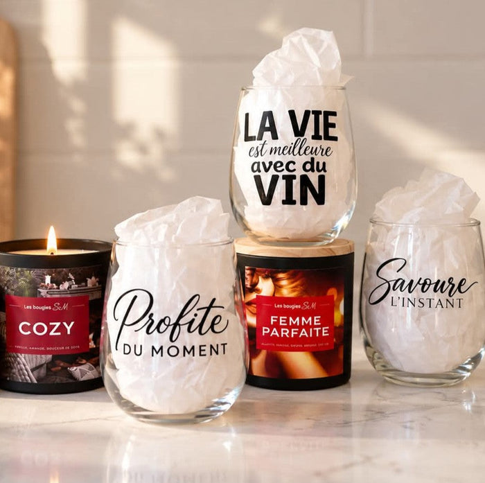 ensemble cadeau , duo , coupe de vin , bougie , cire de soja ,fait a la main , ensembles cadeaux , bougies sm, bougiesm