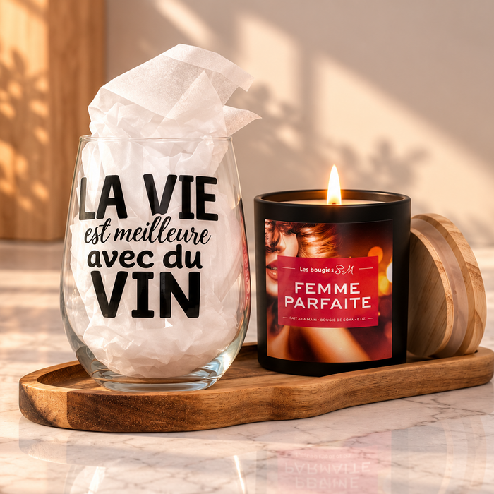 coupe de vin , la vie est meilleure avec du vin, candle, wineglass, gift, cadeau noel, hotesse, bougies, bougies sm, 8 oz, vin, wine, femme parfaite, women, la vie, 