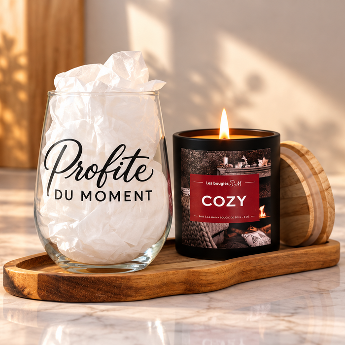 coupe de vin, duo, duo cadeau, bougie , wine, vin, profite du moment, bougiessm, bougies sm, candle , gift, cadeau, hotesse, noel, cadeau, 