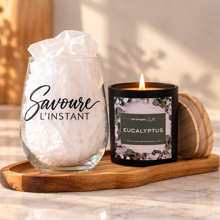 coupe de vin, duo, duo cadeau, wine , wine glass, bougies, candles bougiessm, bougies sm, savoure l'instant, pensé positive, cadeau, noel, hotesse, amie, 