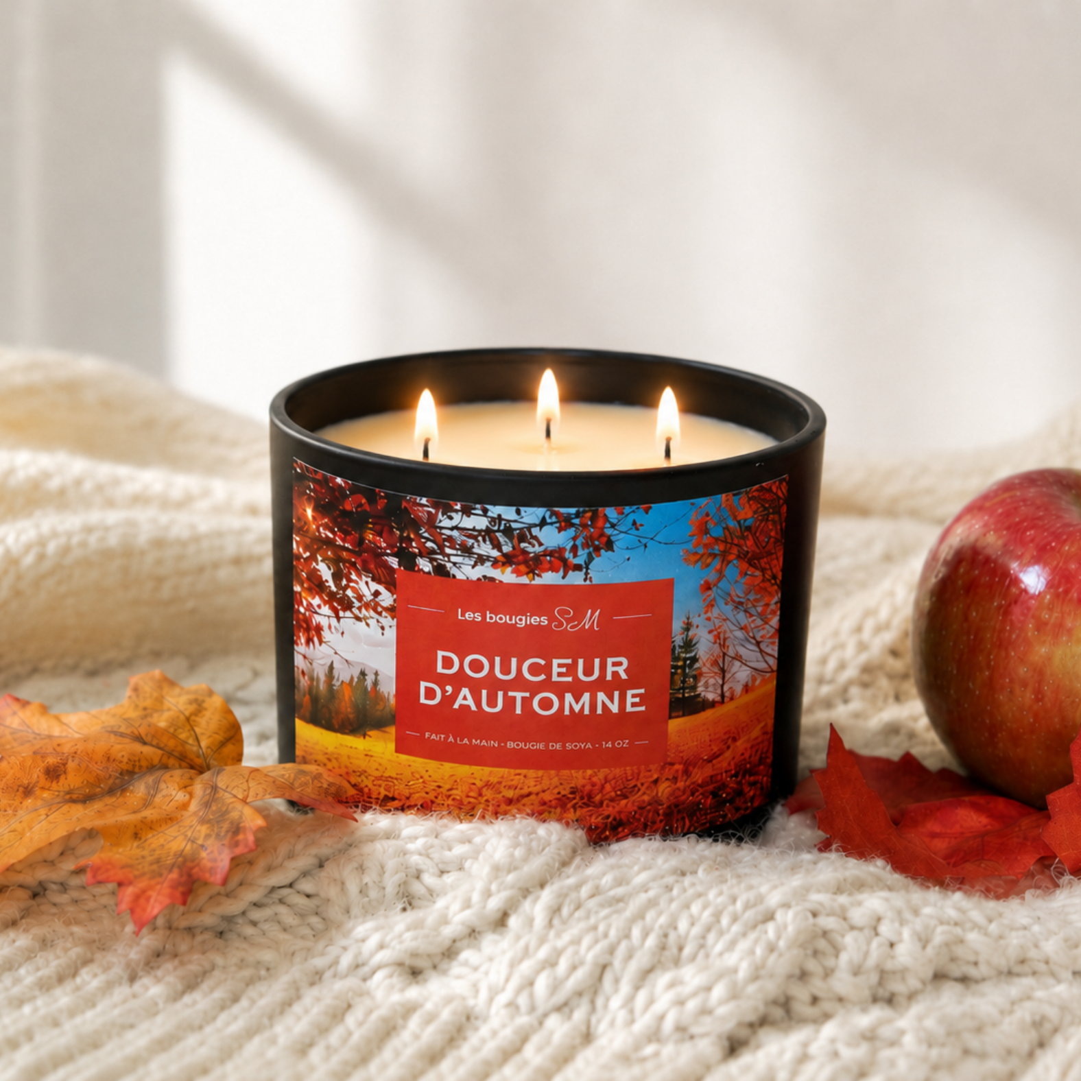 bougies sm , candles , 14 oz , trois meches , automne , cocooning, bougies , cire de soja, soya, douceur dautomne, autumn , leaves, feuilles, pommes, cozy , découvrir, réconfortante , ambiiance, maison , 8 oz, gourmande , 
