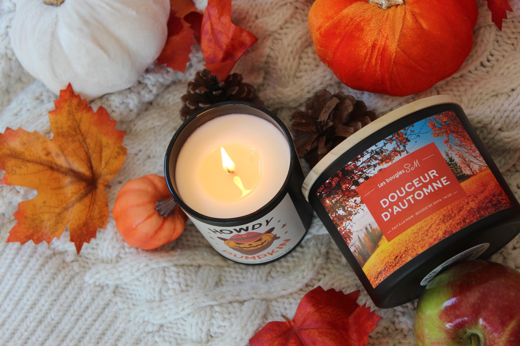 candle , bougies sm ,14 oz , 3 meches , 8 oz, soja ,soya , chandelle, automne ,odeur , envoutante , douceur automne ,feuille ,cozy ,cozyness , orange , saison , autumn ,howdy , pumpkin ,citrouille ,cowboy ,amber , musc