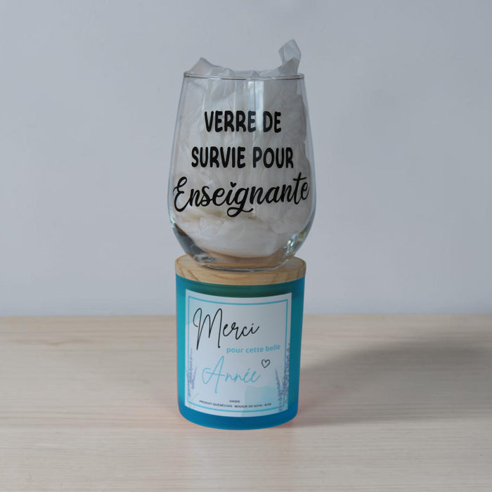 duo , coupe de vin , bougie personnalisé, prof, enseignante, cadeau, fin des classes, gift, teacher, verre de survie pour enseignante, merci pour cette belle année , bougies sm, bougiessm, 