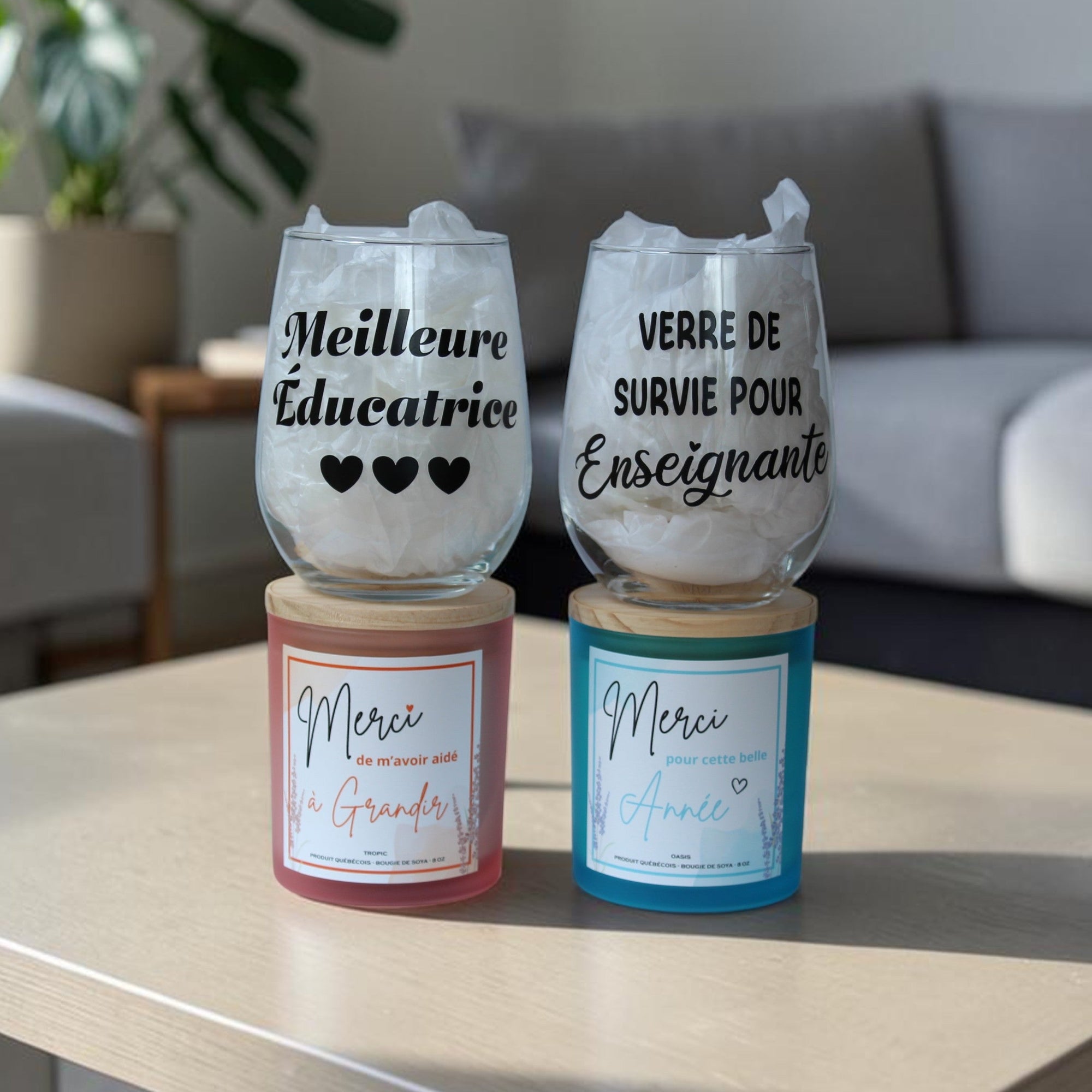 duo cadeau , bougiessm, bougies sm, gift , bougie personnalié , coupe de vin , enseignante, prof, éducatrice, day care, merci de mavoir aidé a grandir, merci pour cette belle année
